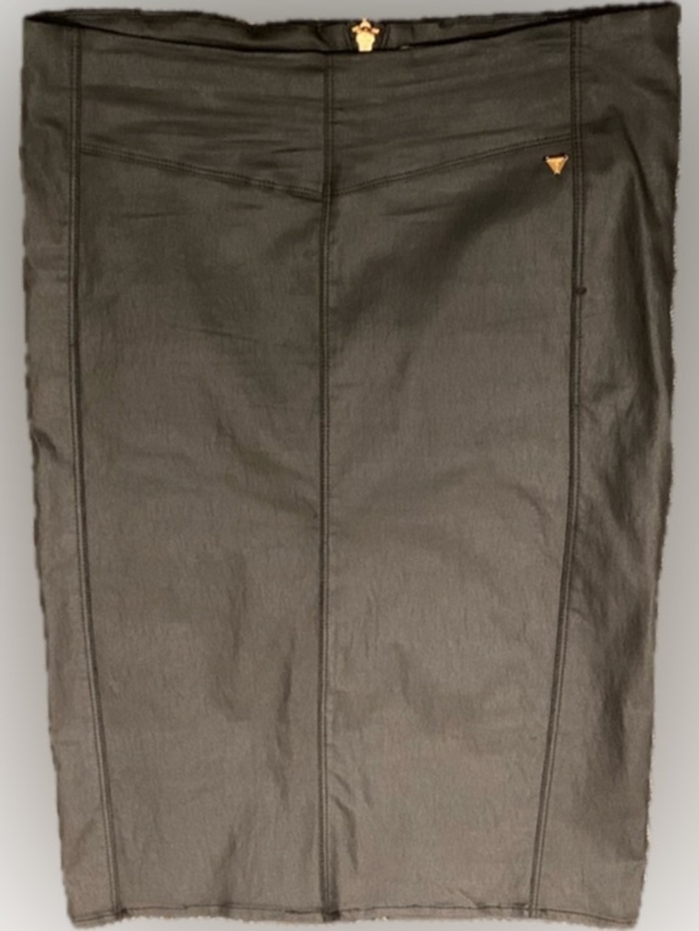GUESS Black Vegan Leather Pencil Skirt Gold Logo Waist Bodycon Size L - Picture 6 of 7